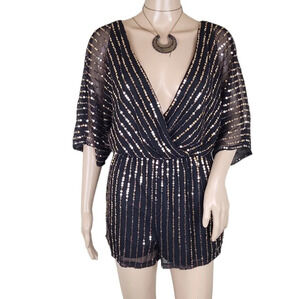 BB Dakota Revolve Odelia Black and Silver Kimono Sleeve Sequin Romper